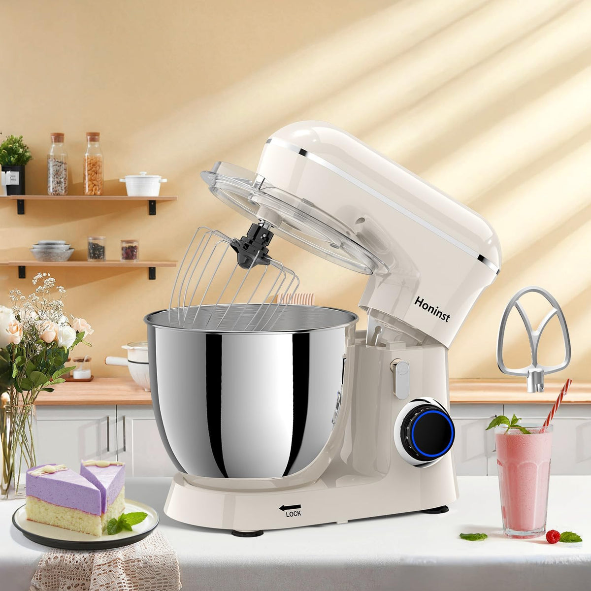 Stand Mixer, 6.5QT 10-Speed Tilt-Head Electric Stand Mixer, 3-In-1 Kitchen Mixer with Bowl, Dough Hook, Whisk and Beater, Food Mixer for Baking, Cake and Most Home Cooks, Beige