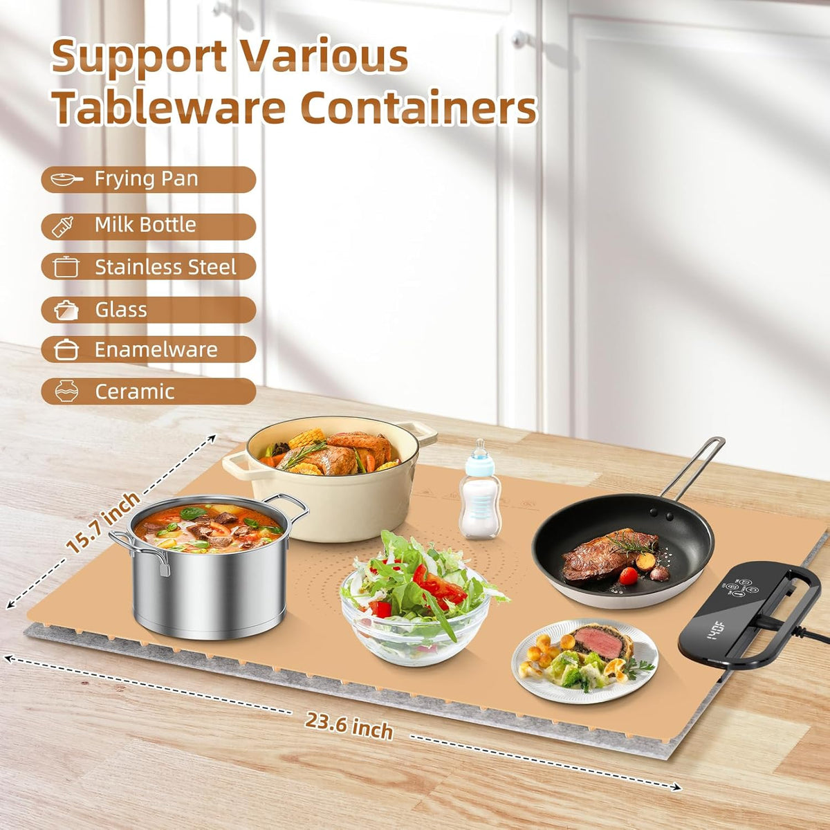 Electric Warming Tray with 7 Adjustable Temperatures, Hanging & Foldable Food Warmer Mat with Child Lock, 11 Timer Settings, Fast Heating Plate for Buffet, Paties, Family Gatherings, Holidays, Brown