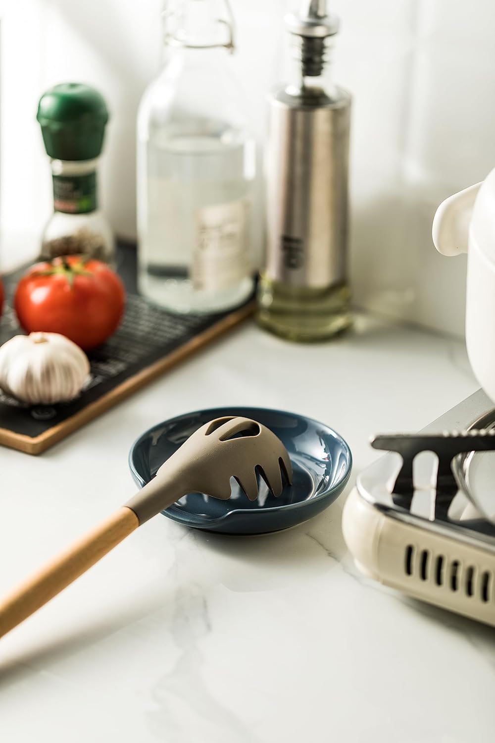 Ceramic Spoon Rest for Stove Top, 5" Stove Spoon Holder for Kitchen Counter, Farmhouse Utensil Rest Tray for Spatula, Ladles Tongs, Vintage Blue