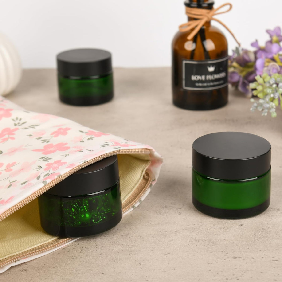 Glass Jars with Lids,Eco-Friendly Cosmetic Containers with Airtight Black Lids & Liners, Multi-Color Options for Cream, Lotion, Body Butter, DIY Skincare Travel Jars (Green, 2oz)
