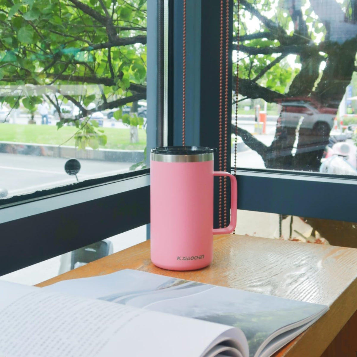 KXIAOCHEN 20oz Insulated Coffee Mug with Lid, Stainless Steel Coffee Cup, Double Wall Vacuum Coffee Tumbler with Handle, Premium Thermal Travel Coffee Mug (Pink)