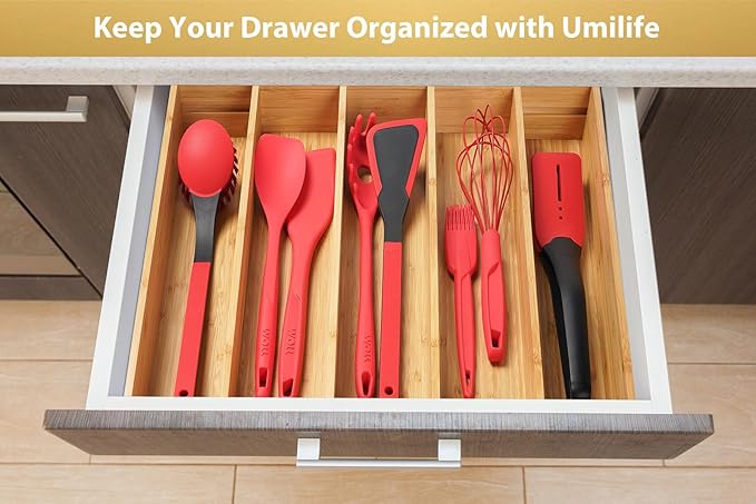 Umilife Expandable Kitchen Drawer Organizer, 2.5" High Bamboo Utensils Silverware Tray, Adjustable Large Deep Wood Organization Holder