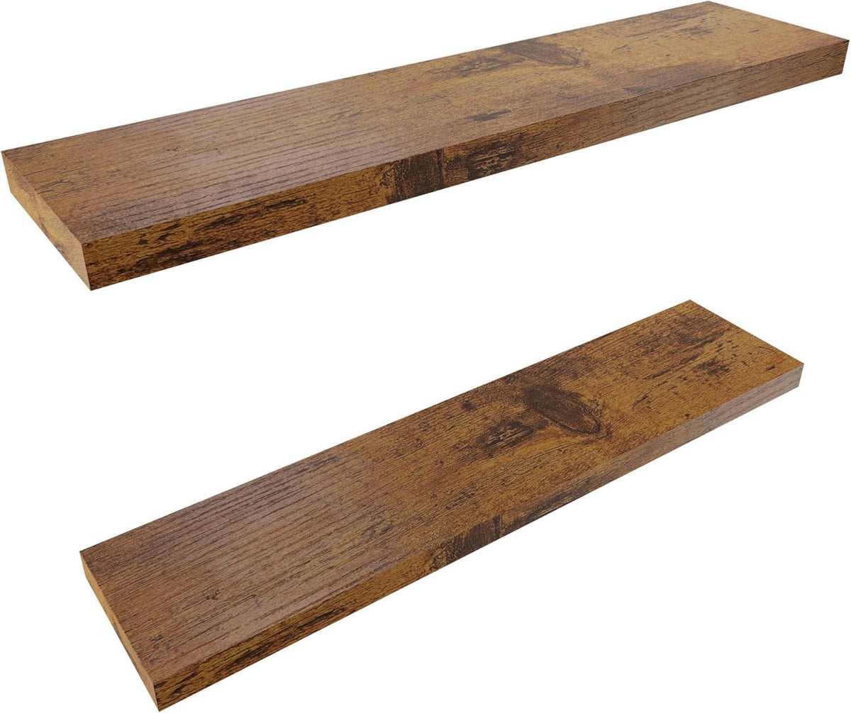 Colima Floating Shelves for Bedroom, Bathroom & Living Room - 36 Inch Wall Mounted, Set of 2-1.3" Thick Brown Wood Floating Book Shelves