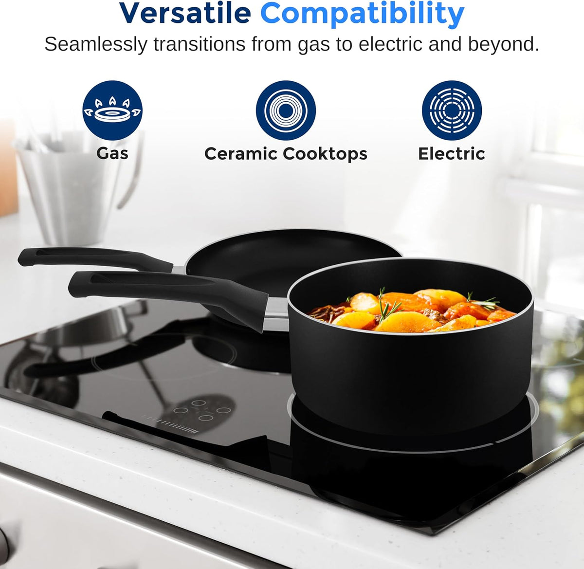 SereneLife 6-Piece Pots and Pans Set – Nonstick Cookware, Black Coating, Heat-Resistant, Dishwasher safe, Includes Fry Pans, Saucepans with Lids, Color Black