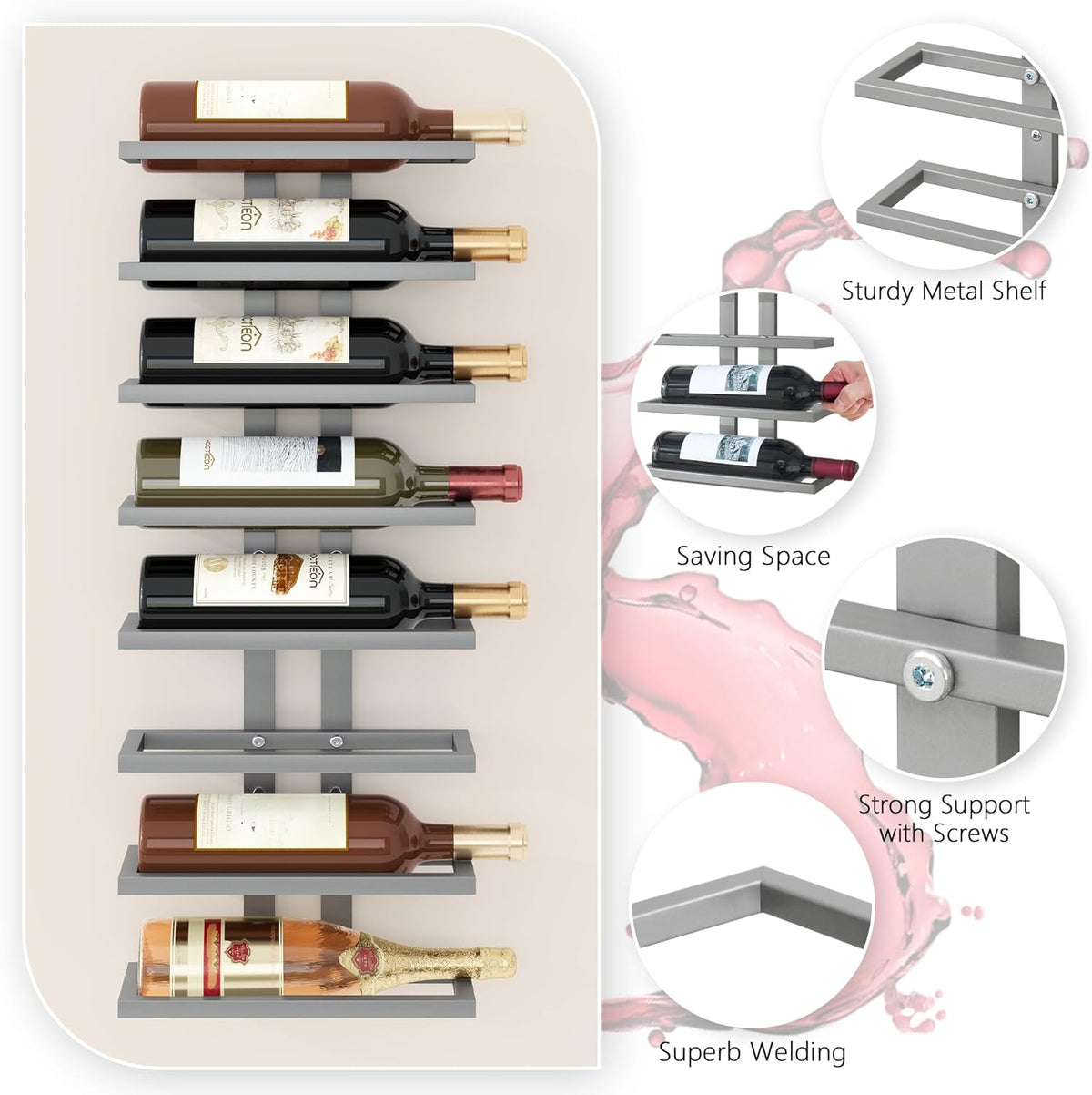 Hoctieon 8 Tier Wall Mount Wine Rack, Wall Racks for Wine Bottles Display and Storage, Hanging Bottle Organizer for Living Room, Dining Room, Wine Cellar, Bar, Grey