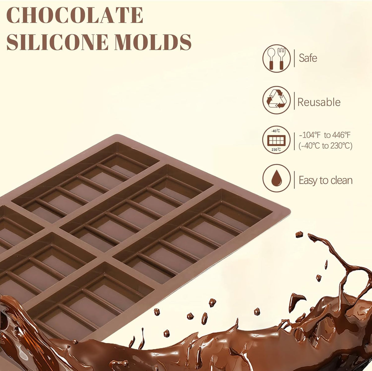 2 Pack Chocolate Bar Mold Deep for Stuffed Bar, Non-Stick Thick Chocolate Molds, Silicone Chocolate Candy Molds for Knafeh Pistachio Chocolate Bar, Candy, DIY Handmade Gifts (5 Snap+10 Snap)