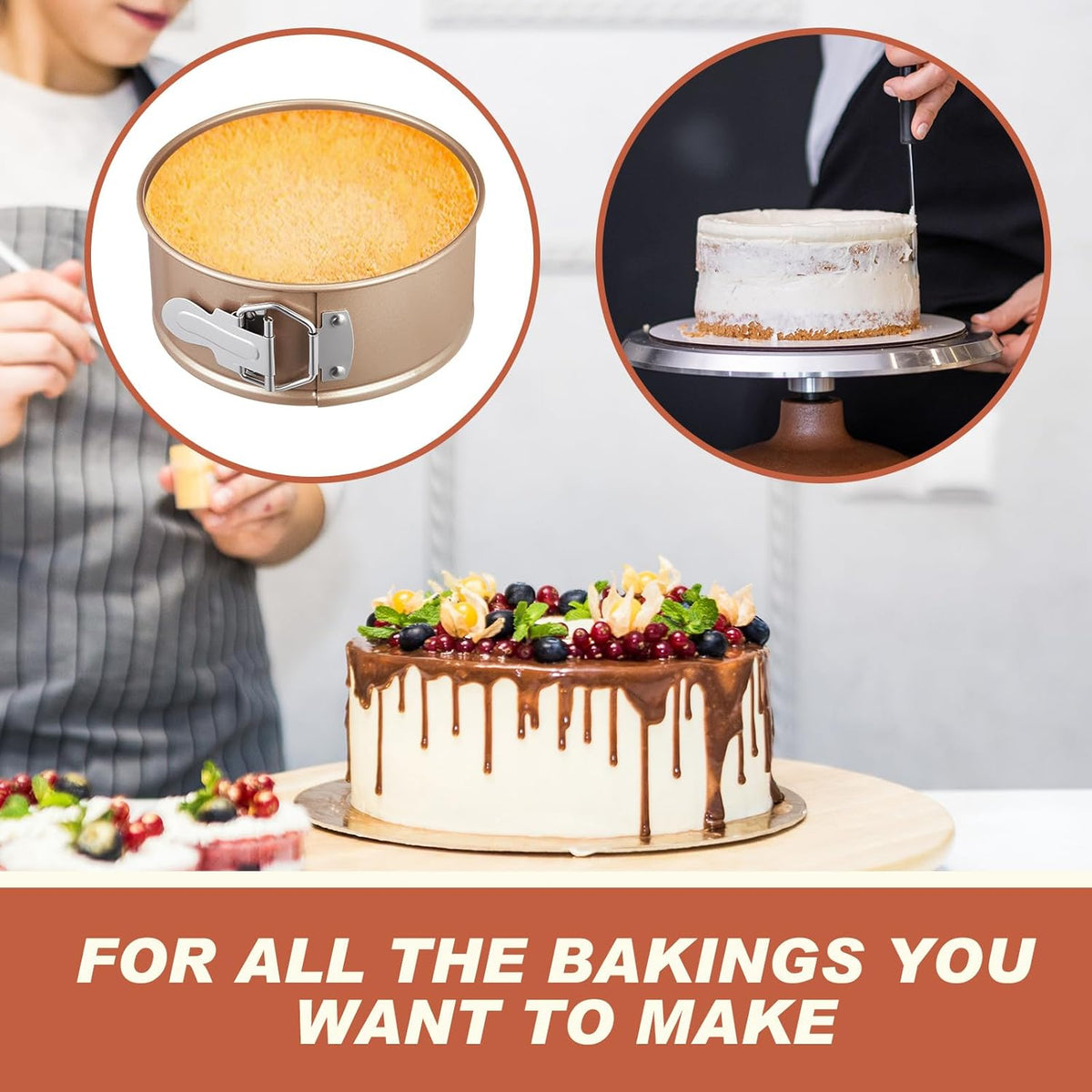 4 Pcs 6 Inch Non Stick Springform Pan with Removable Bottom Carbon Steel Round Springform Cheesecake Pan with Stainless Steel Spring Buckles for Baking Kitchens Restaurant(Champagne Gold)