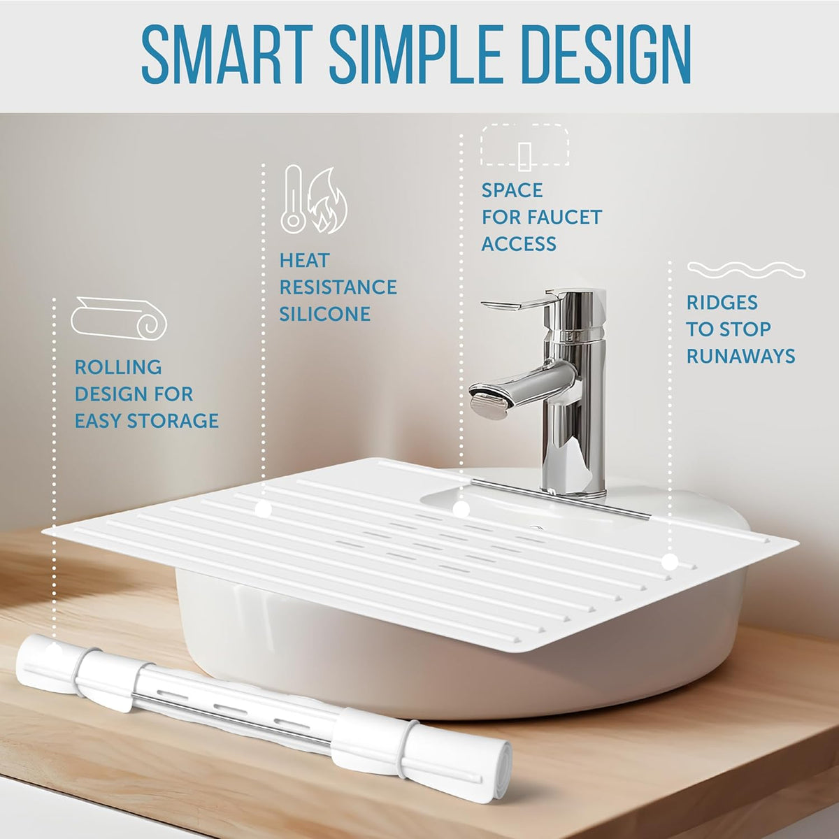 Maplefield Bathroom Sink Cover & Silicone Makeup Mat - White, 22 x 2 x 2 In - Heat Resistant to 400°F - Foldable Roll-Up Design with Raised Ridges - Space-Saving Countertop Mat