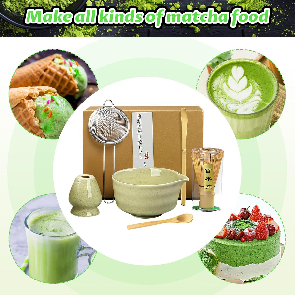 Matcha Set, 6 Pcs Matcha Whisk Set with 20 oz Bowl, Bamboo Whisk for Matcha Tea, Matcha Bowl, Ceramic Matcha whisk Holder, Stainless Sifter and Scoop - Gift for matcha kit Lovers(Green)