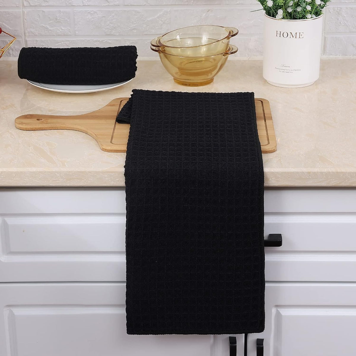 Homaxy Microfiber Waffle Weave Kitchen Towels, 16 x 28 Inch Ultra Absorbent and Solid Color Dish Towels, 4 Pack, Black