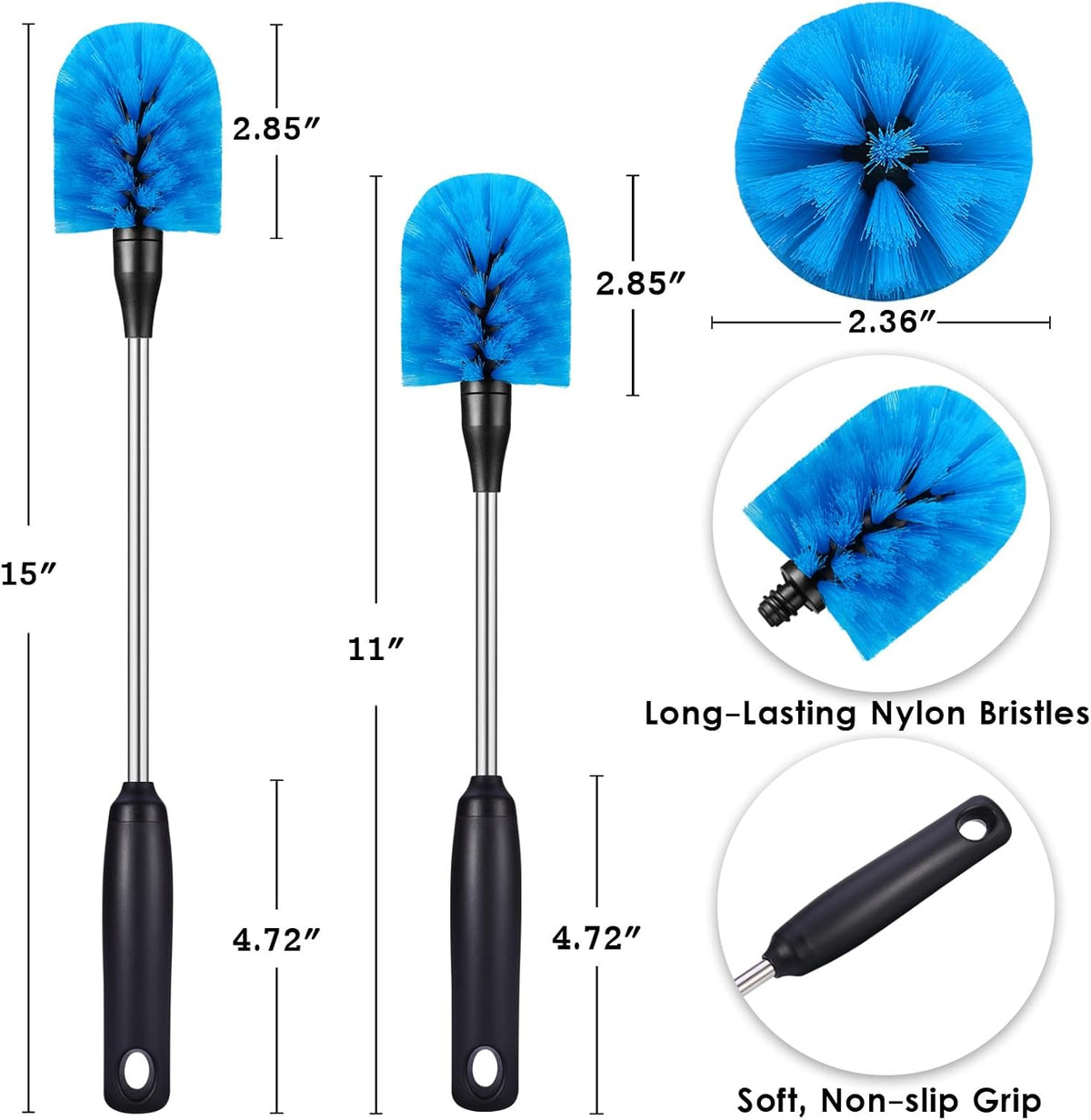 Stainless Steel Bottle Brush with Replaceable Head, Long Handle Scrub Brush for Water Bottles, Glasswares, Mugs, Flasks, Tumblers, Vases, and Kitchen Sink, 2 Pack, 13 in