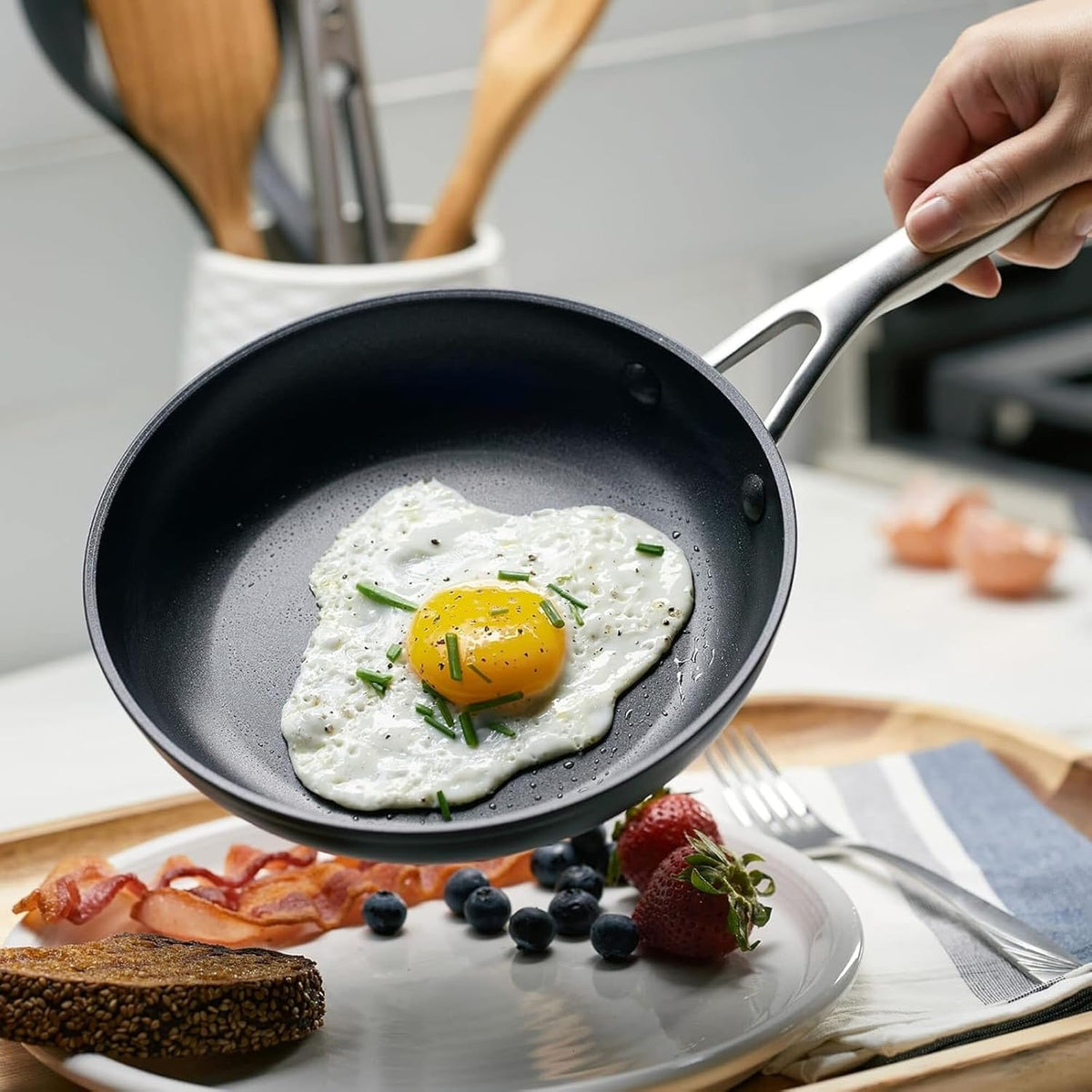 KitchenAid Hard Anodized Induction Nonstick Frying Pan Set With Lid, 3-Piece – 8 & 10 Inch Skillets, Durable, Even Heating, Dishwasher & Oven Safe, Easy-Clean, Matte Black