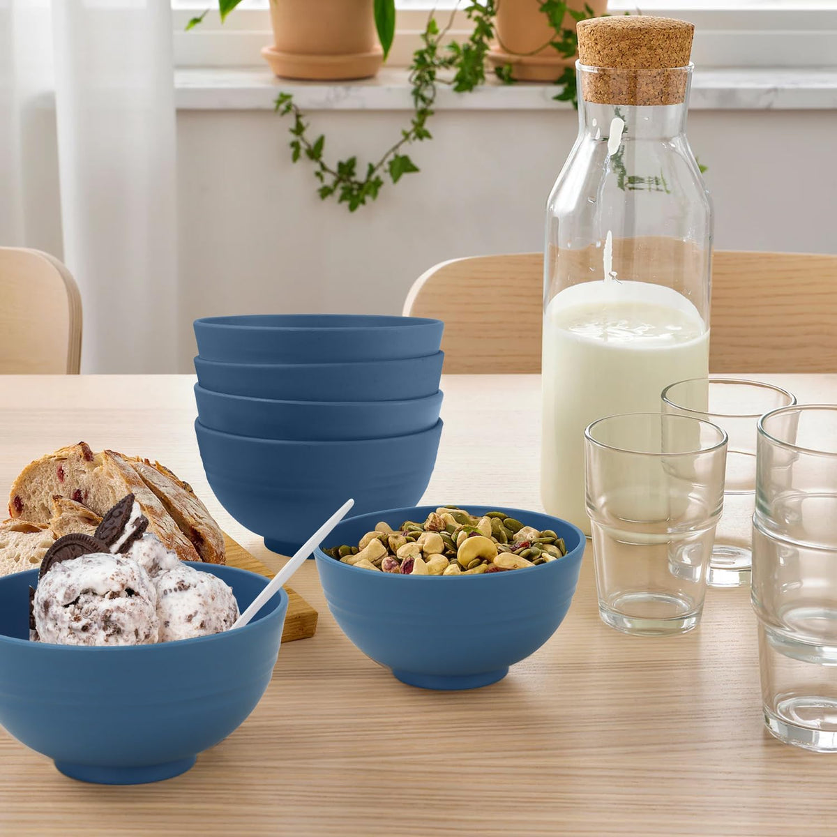 wheat straw dessert bowls 10oz set of 8 - Unbreakable snack Bowls Dishwasher Safe - Handy Bowls for Ice Cream,Yogurt and Fruits. Blue