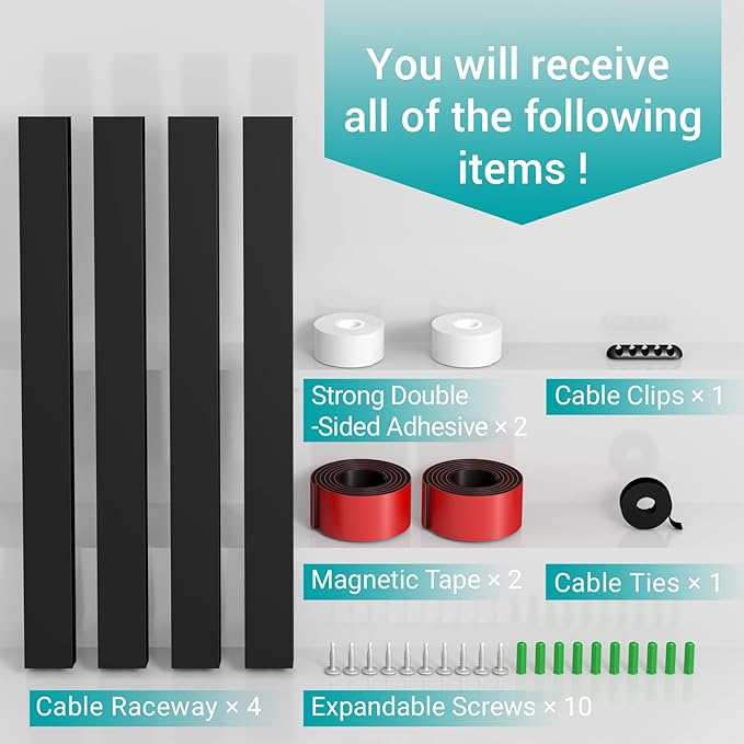 Cable Raceway - Magnetic Cable Management Under Desk with Upgraded Aesthetic Large Hole, Cord Organizer Kit for Hiding Computer, Gaming Desk, Network, Power Cord, TV - 4PCS 4x15.7in Black