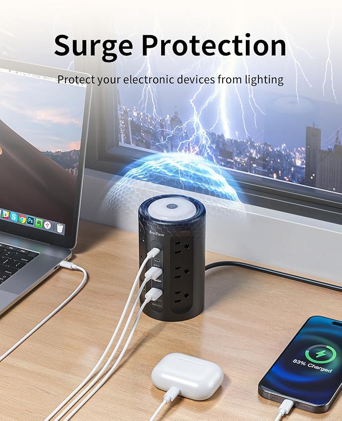 Power Strip Tower with Night Light, Power Strip Surge Protector with USB Ports, Extension Cord 10 FT with Multiple Outlets (12AC+3A+2C) for Home Office Desk DormRoom (Black)