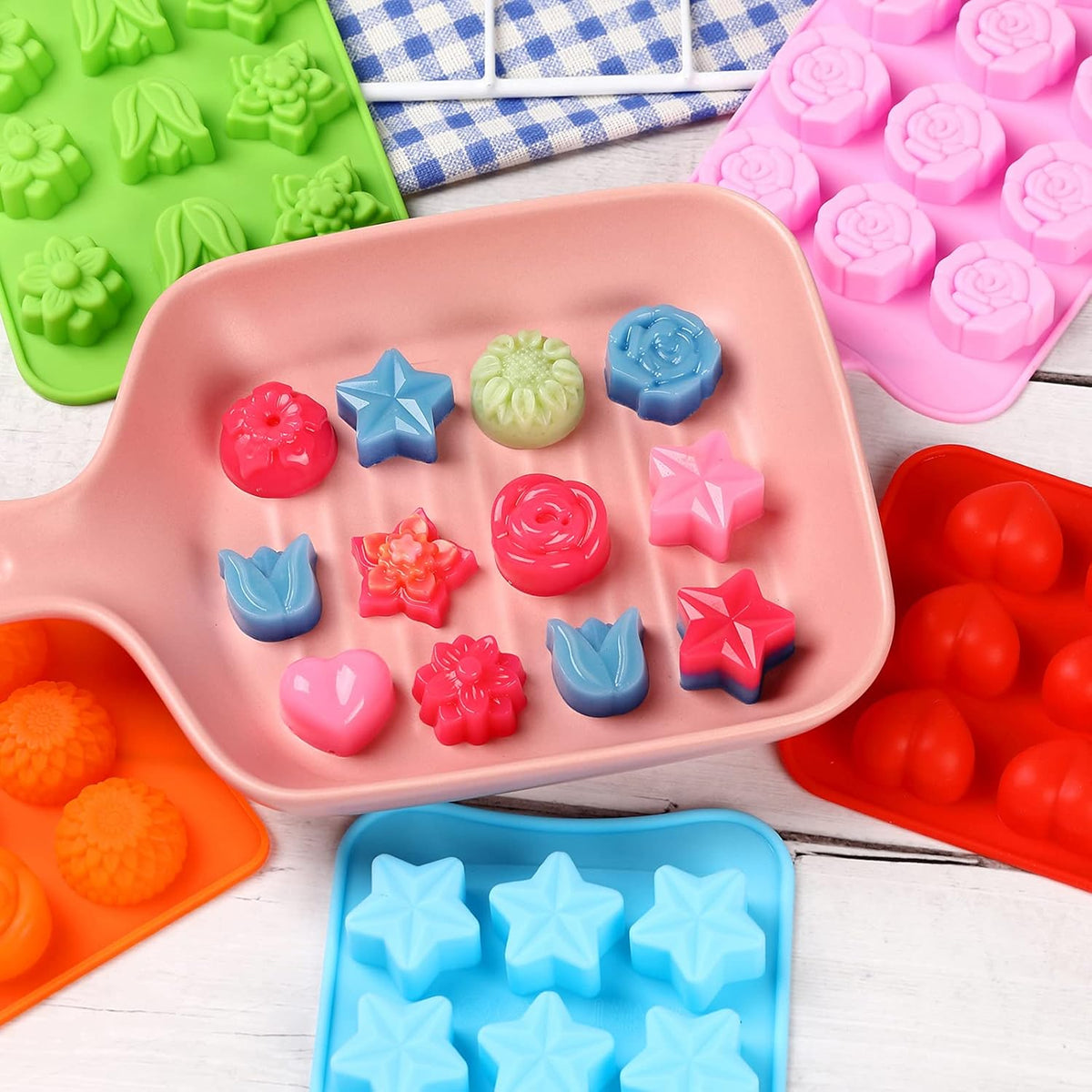Flower Shape Chocolate Candy Molds Set,Heart,The stars,The rose,Flowers in Combination,15 Cavity Silicone Baking Mold Ice Cube Tray-Wedding,Festival,Parties and DIY Crafts-(6Pcs)
