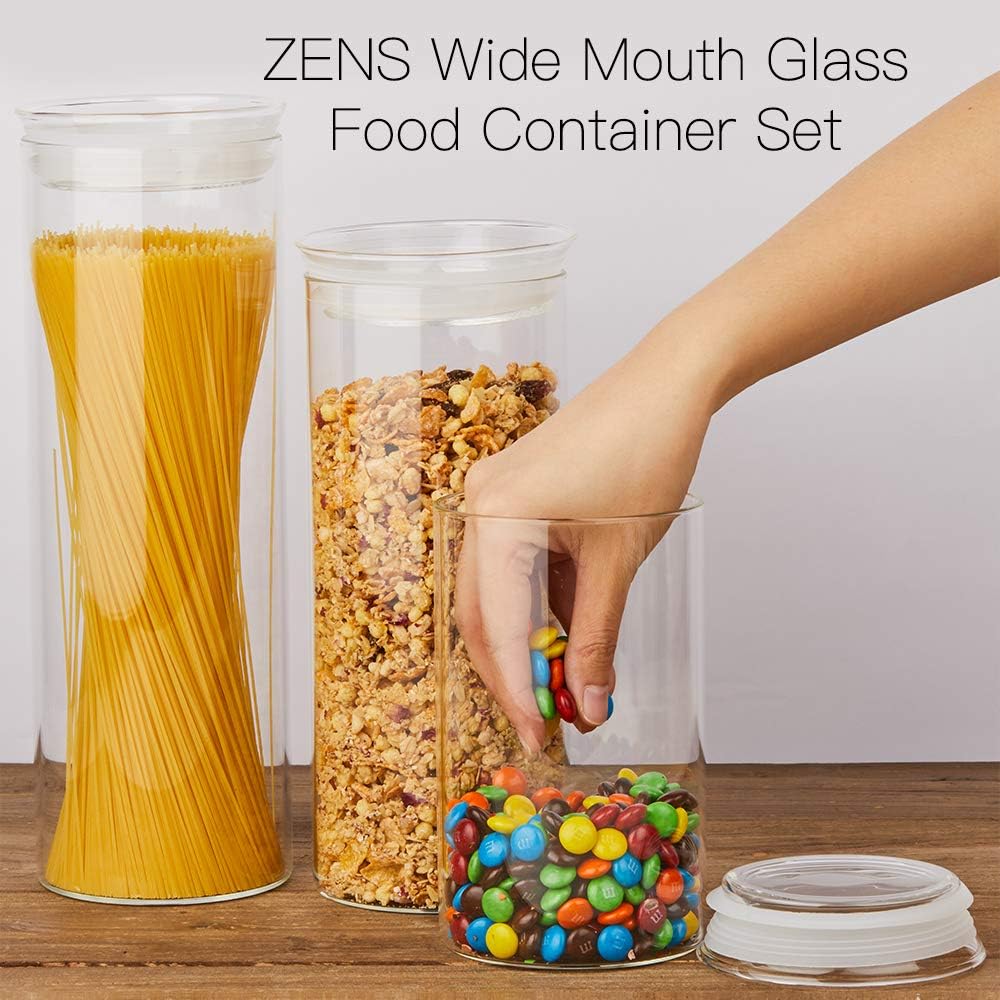 ZENS 37oz Glass Jars Set of 2, Clear Glass Kitchen Canisters with Airtight Lids, Wide Mouth Glass Storage Containers for Cereal, Coffee Beans, Loose Tea