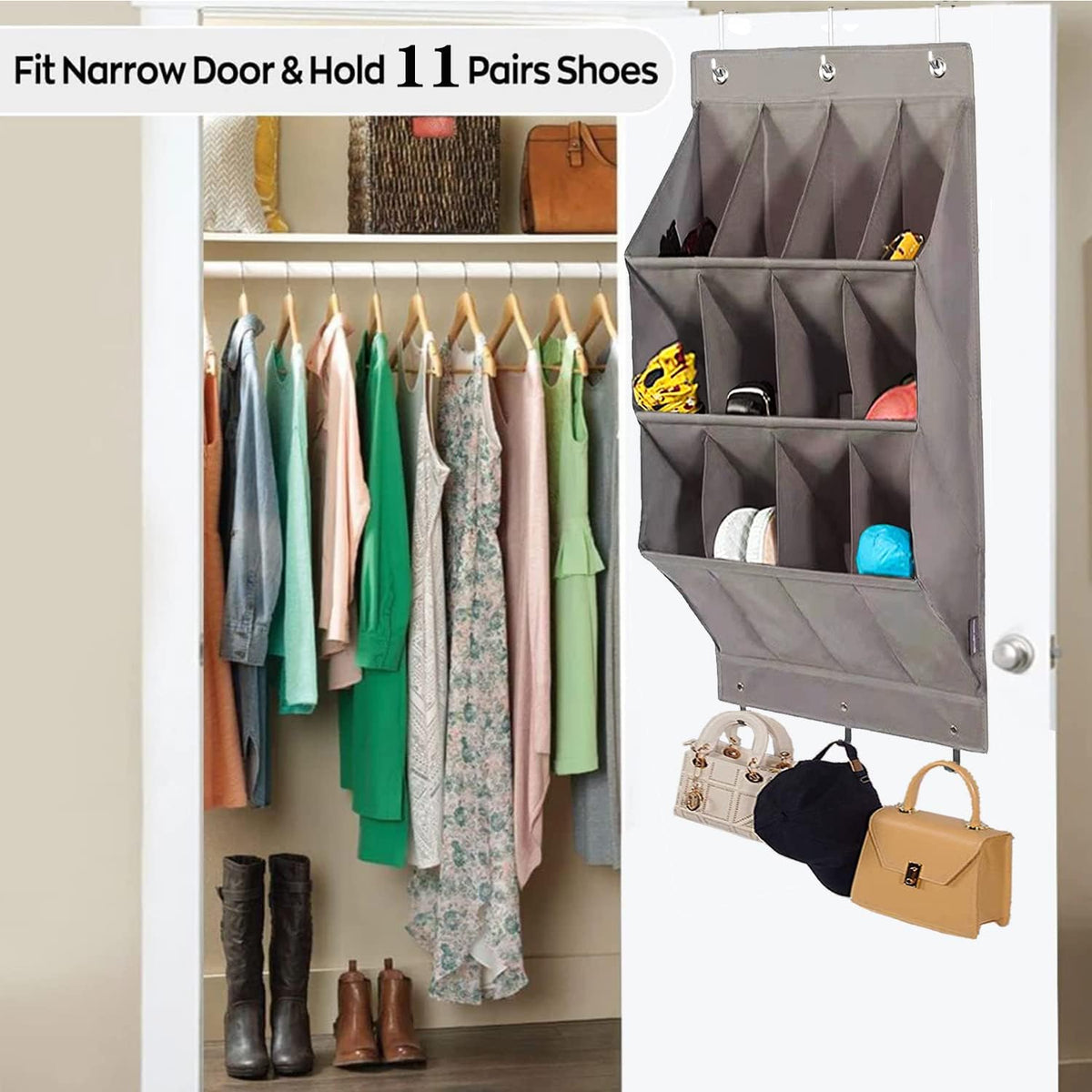 Over the Door Shoe Organizer, Grey 12 Pockets Hanging Shoe Storage Rack with Large Deep Pockets, Oxford 600D Fabric Shoe Storage Rack with 6 hook for Shoes, Home Accessories etc