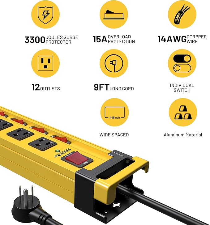 Plug'n 12 Outlet 13 Individual Switches,3300J Surge Protector Power Strip,9FT/14AWG/15AMP/1875W Power Cord,Heavy Duty Metal Power Strip with Cord Manager for Workshop,Garage,Shop