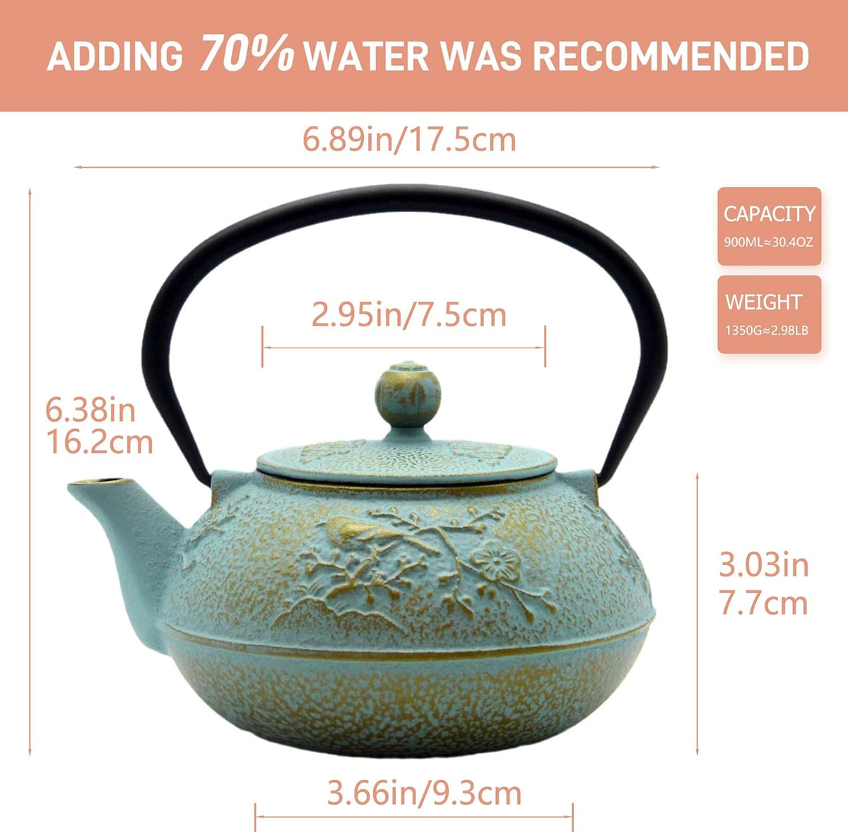 30.4oz Small Cast Iron Tea Kettle,SECHUDO Tea Pot Coated with Enameled Interior for Loose Tea, Cute Cast Iron Teapot with Stainless Steel Infuser for Stovetop Safe (900ml)