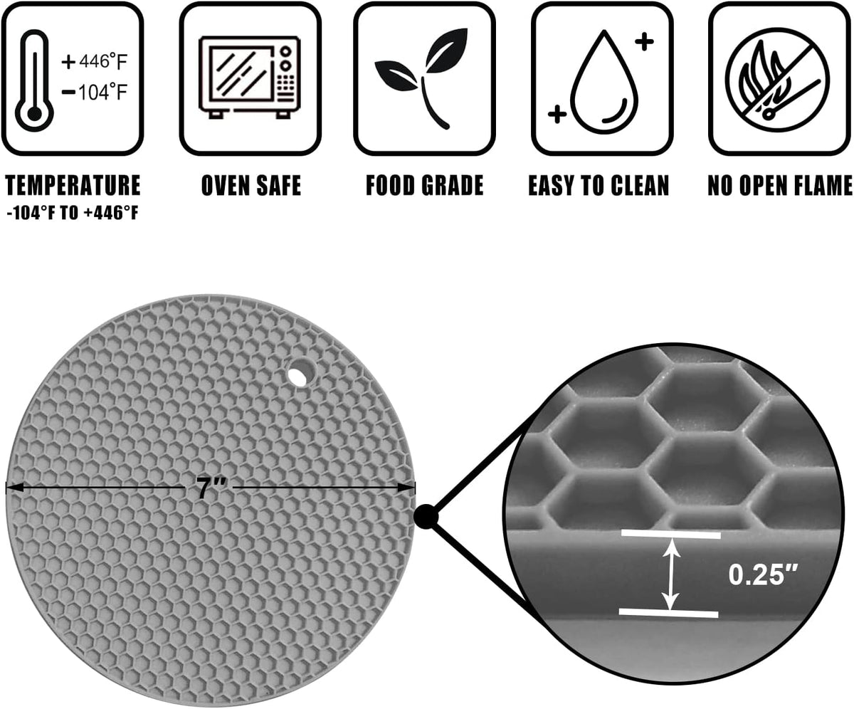 Walfos Silicone Trivet Mats - 4 Heat Resistant Pot Holders, Multipurpose Non-Slip Hot Pads for Kitchen Potholders, Hot Dishers, Jar Opener, Spoon Holder, Food Grade Silicone & BPA Free (Round)