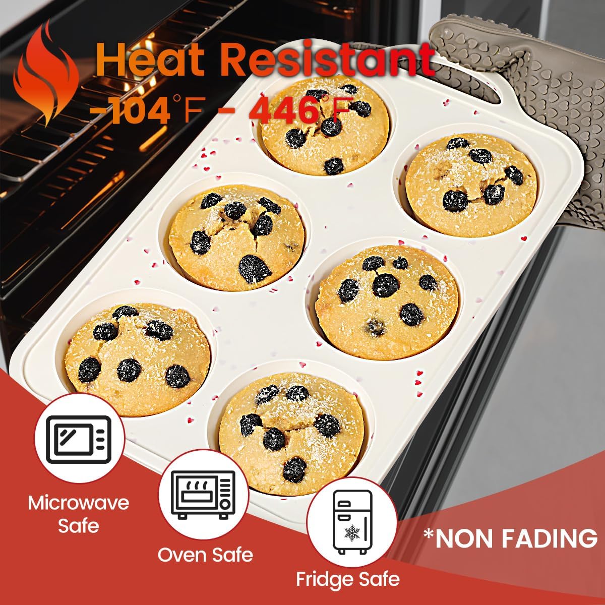 CAKETIME Large Muffin Pan, Metal Reinforced Frame 3.5 Inch Jumbo Silicone Muffin Pan Nonstick 6 Cups for Baking Jumbo Muffin, Frittatas, Cupcakes 2 Pack Love Heart