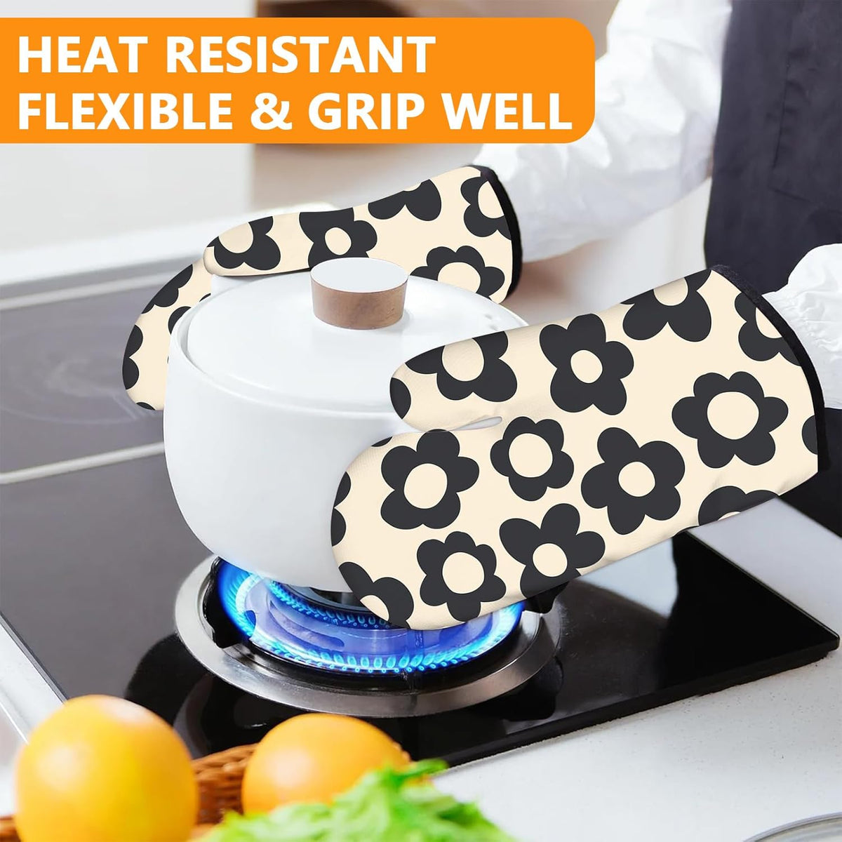 Daisy Flowers Oven Mitts and Pot Holders Sets 4Pcs,Extra Long Oven Gloves Potholder for Kitchen Cooking Baking BBQ 100% Cotton Heat Resistant