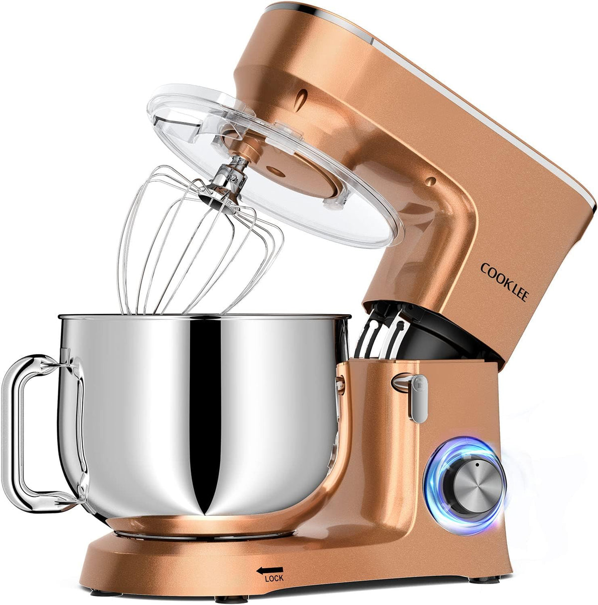 COOKLEE Stand Mixer, 9.5 Qt. 660W 10-Speed Electric Kitchen Mixer with Dishwasher-Safe Dough Hooks, Flat Beaters, Wire Whip & Pouring Shield Attachments for Most Home Cooks, Champagne