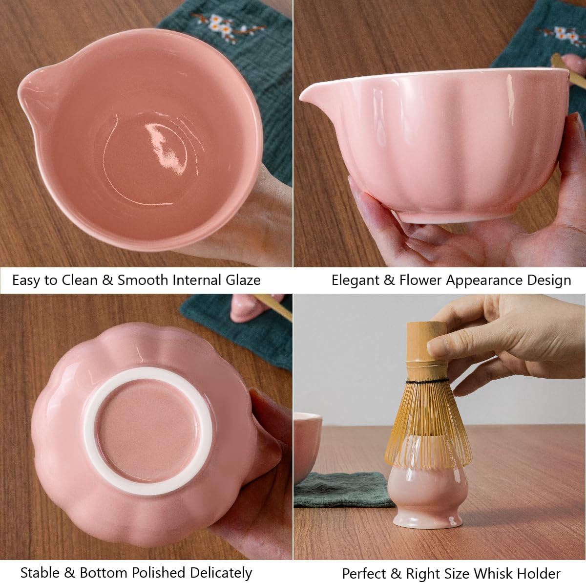 Pink Matcha Kit, 7 Pcs Matcha Whisk Set Includes Matcha Bowl with Spout, Bamboo Whisk, Chasen Holder, Sifter, Scoop and Rest, Tea Towel, Matcha Making Kit Tools for Family/Friend