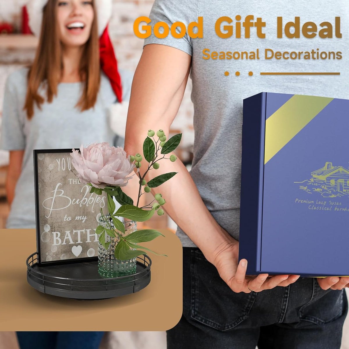 9" Oak Bathroom Vanity Tray Turntable for Perfume Candle, Round Wooden Decorative Tray for Kitchen Sink Countertop Organizer, Bathroom Counter Organizer for Skincare Makeup, Farmhouse Black Gold