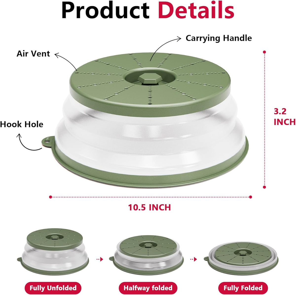 WVM Microwave Splatter Cover Vented for Food with Hook Hole, Splatter Guard & Colander Kitchen Gadget for Food, Meal Prep, Green
