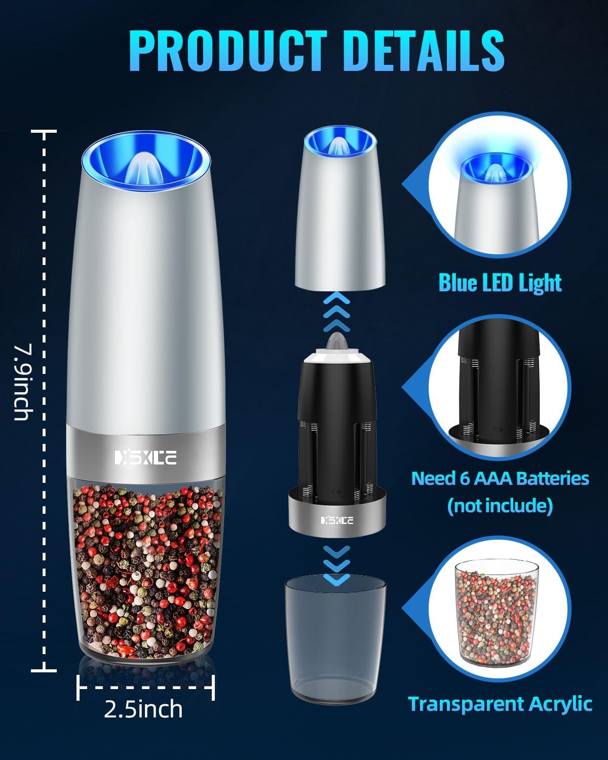 XinXu Gravity Electric Pepper and Salt Grinder Set, Adjustable Coarseness, Battery Powered with LED Light, One Hand Automatic Operation -Light Grey/2 Pack