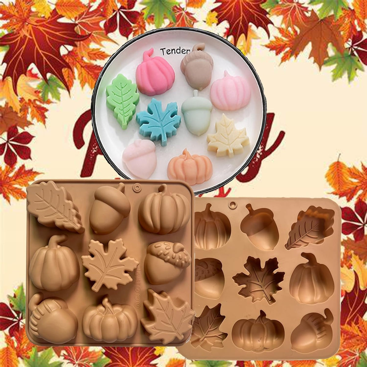 2Pcs Fall Silicone Molds Autumn Silicone Chocolate Molds, Thanksgiving Candy Mold, Fall Chocolate Molds, Leafs Acorns Pumpkins Shape for Thanksgiving Halloween Autumn Harvest, Nude Color