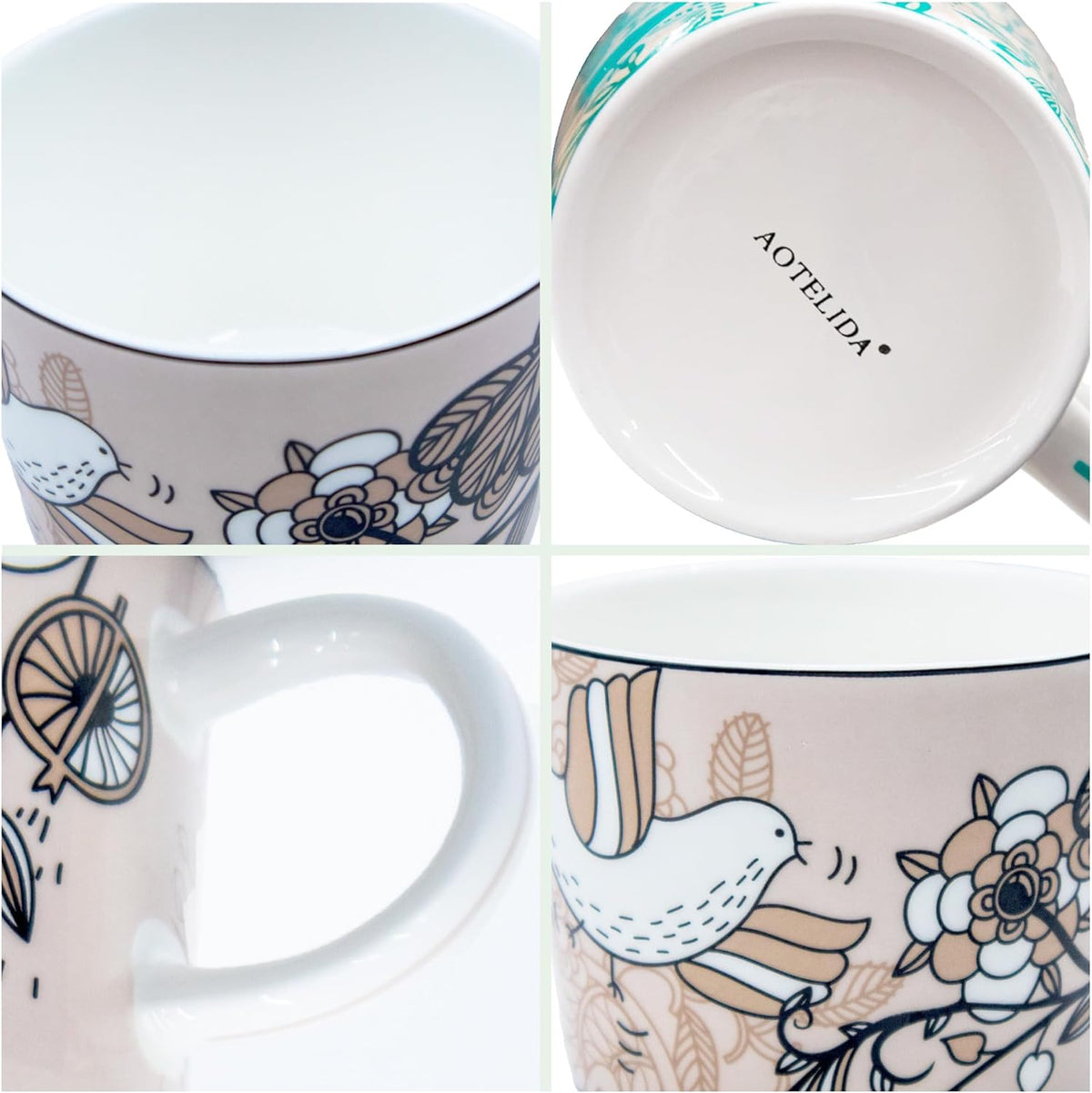 11 oz Mugs Set of 4 Porcelain Coffee Mugs Flower Mug Handle Oatmeal Milk Breakfast cup Painted Bone China Round Coffee cup