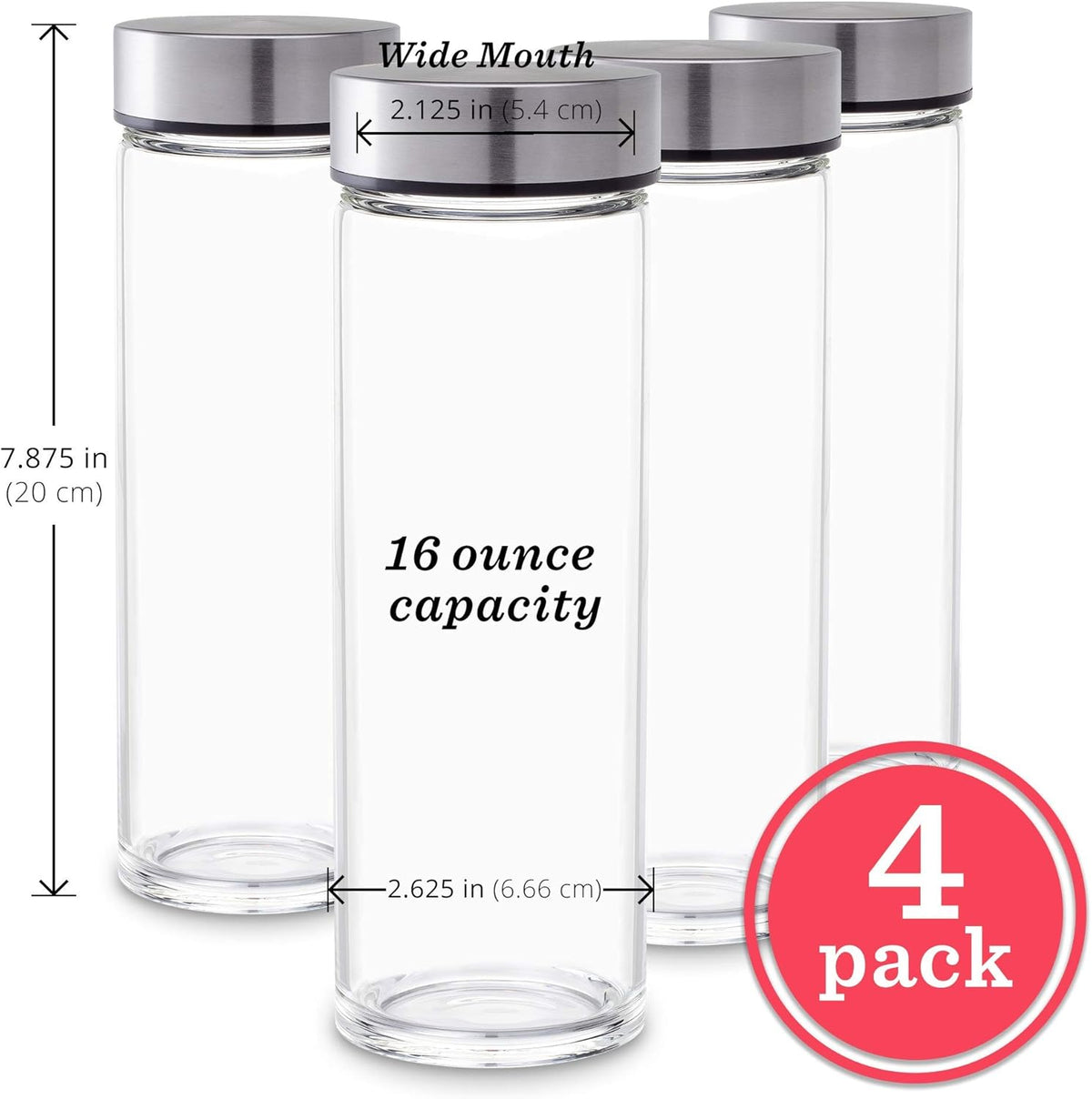 Juice Bottles - 4 Pack Wide Mouth Glass Bottles with Lids - for Juicing, Smoothies, Infused Water, Beverage Storage - 16oz, BPA Free, Stainless Steel Lids, Leakproof, Reusable, Borosilicate