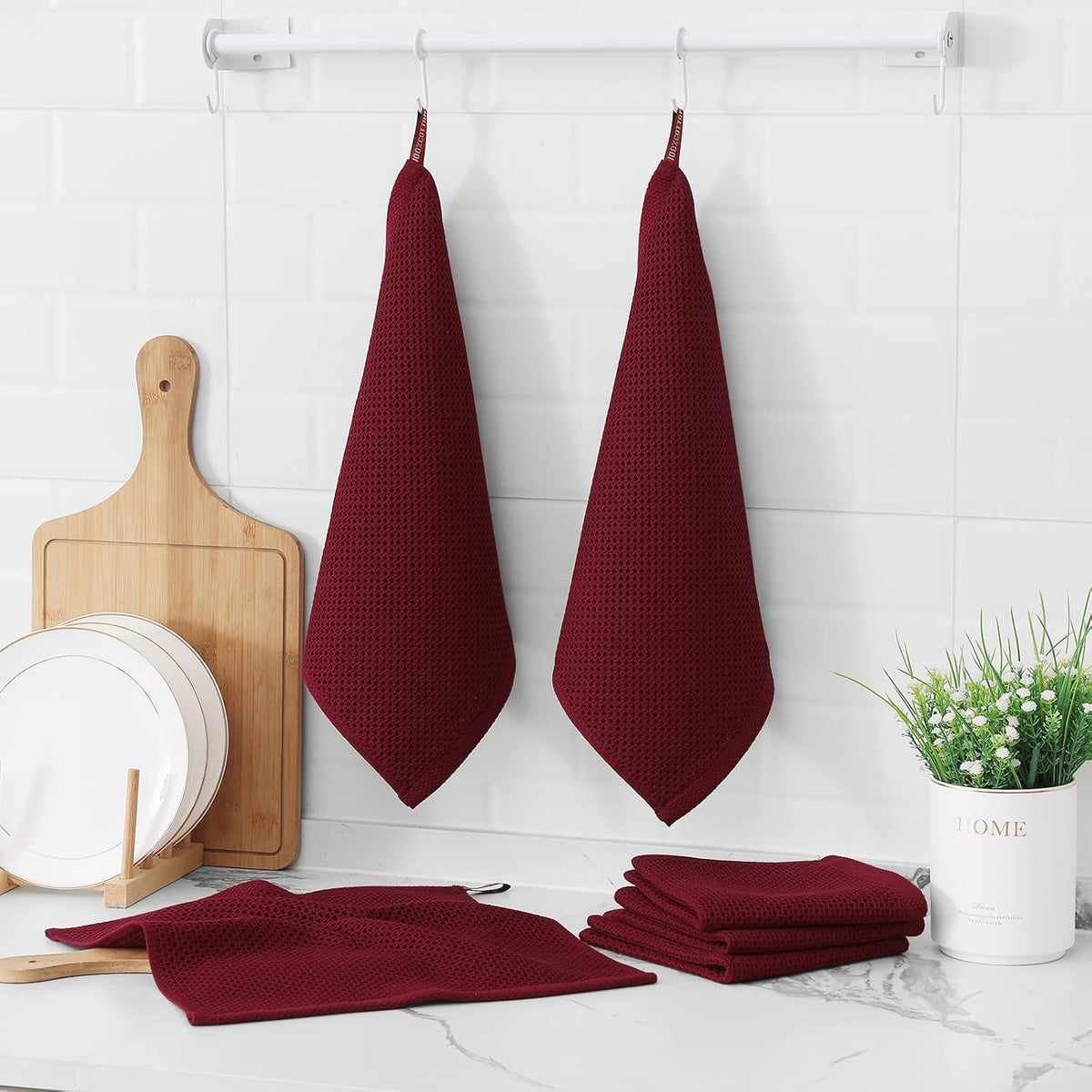 Kitinjoy 100% Cotton Kitchen Dish Cloths, 6 Pack Waffle Weave Ultra Soft Absorbent Dish Towels for Drying Dishes Quick Drying Kitchen Towels Dish Rags, 12 X 12 Inches, Burgundy