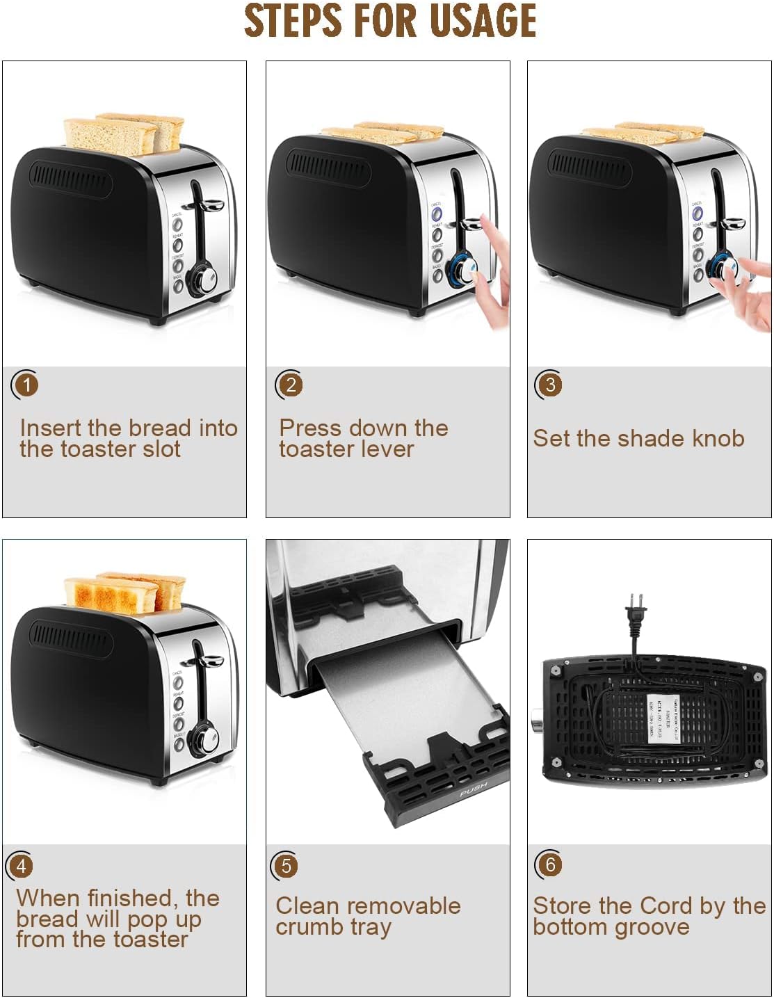 Toaster 2 Slices, Stainless Steel JEWJIO Retro Toaster with 1.5" Extra Wide Slot for 6 Bread Shades Setting/Bagel/Defrost/Reheat/Cancel Function/Removable Crumb Tray 800W, Matte Black