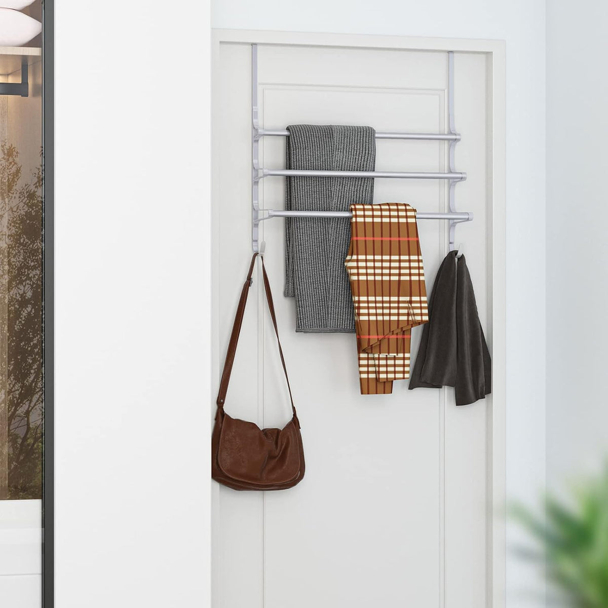 Over The Door Towel Rack, Triple Towel Storage Holder with Hooks, 24.02 Inches Towel Bar Hanger Towel Racks for Bathroom (Silver)