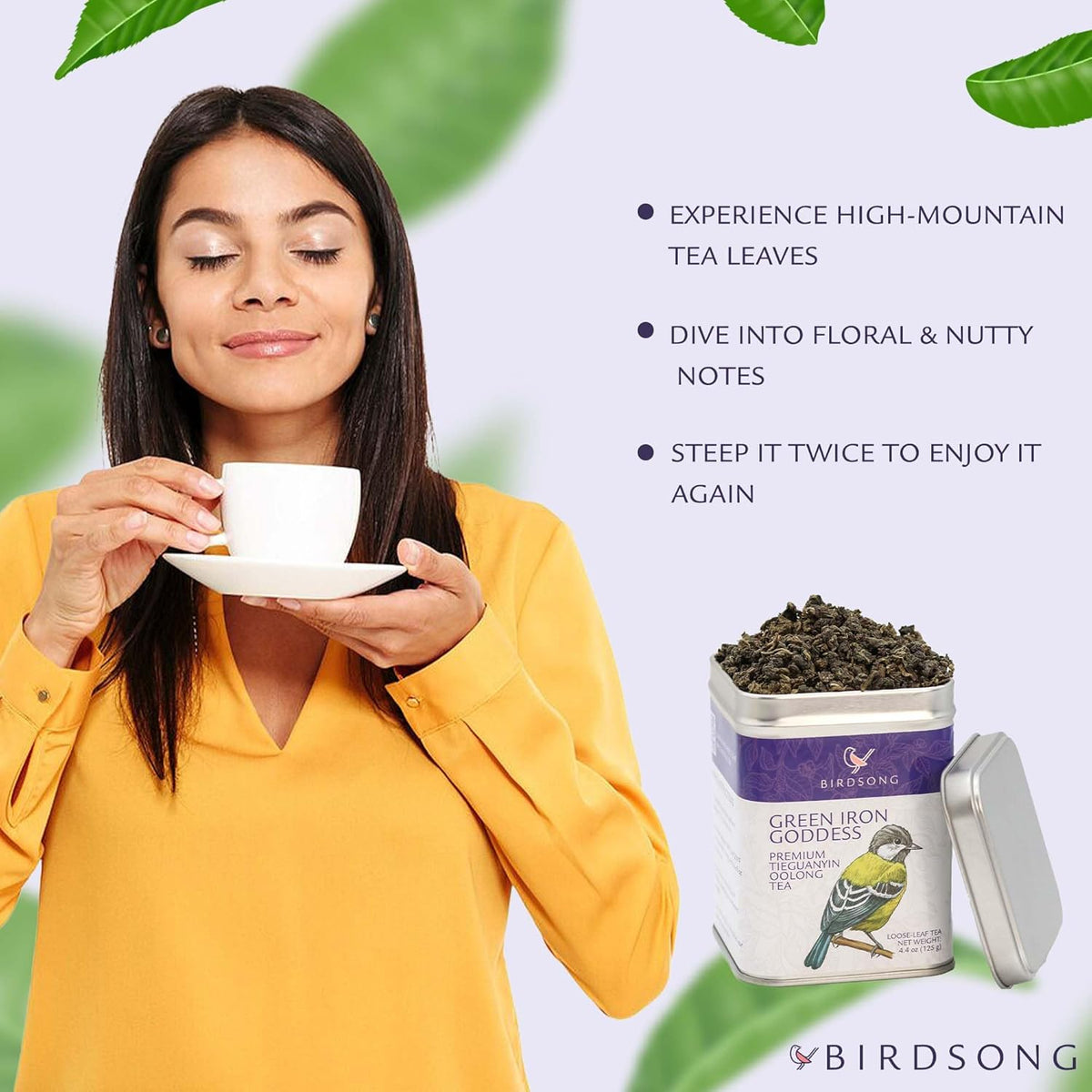 Birdsong Green Iron Goddess: Organic Oolong Tea, light, refreshing, soothing 100% Natural Herbal Tea with Floral and Nutty Taste, Medium Caffeine Alternative to Coffee, Loose Leaf Hot Tea