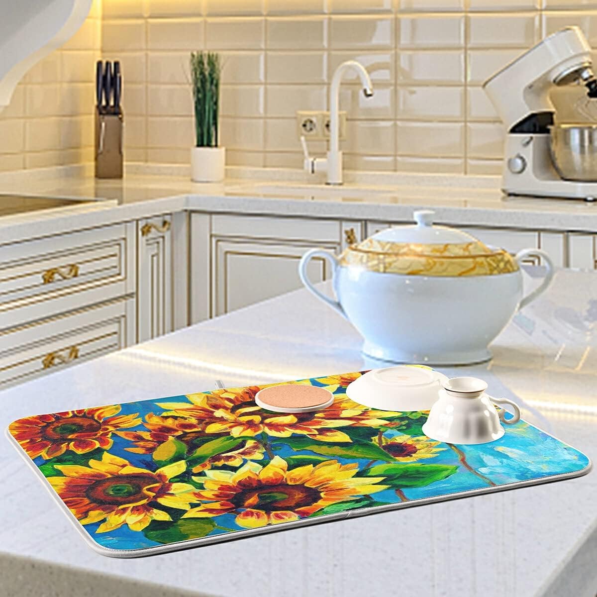 Super Absorbent Dish Drying Mat, Microfiber Fast-Drying Dish Mat, 16" x 18", Kitchen Dish Drying Pad, Sunflowers