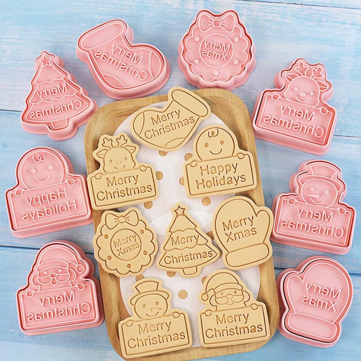 8 Piece Christmas Cookie Cutters, 3d Raised Design Gingerbread Cookie Stamps, Cookie Cutter Set suitable for Frosting Decoration, Mini Pie Molds, Apple Pie Pastry Biscuit Cutter (Christmas-F)