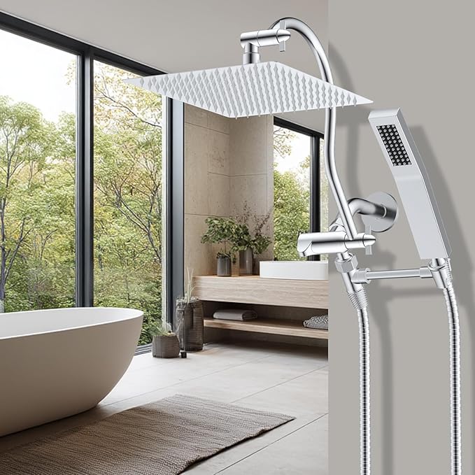 Hibbent All Metal Shower Head, 12'' High Pressure Rainfall Shower Head, Showerhead Combo, Handheld Shower Wand, 12'' Adjustable Curved Shower Extension Arm, 71'' Hose, Shower Head Holder, Chrome