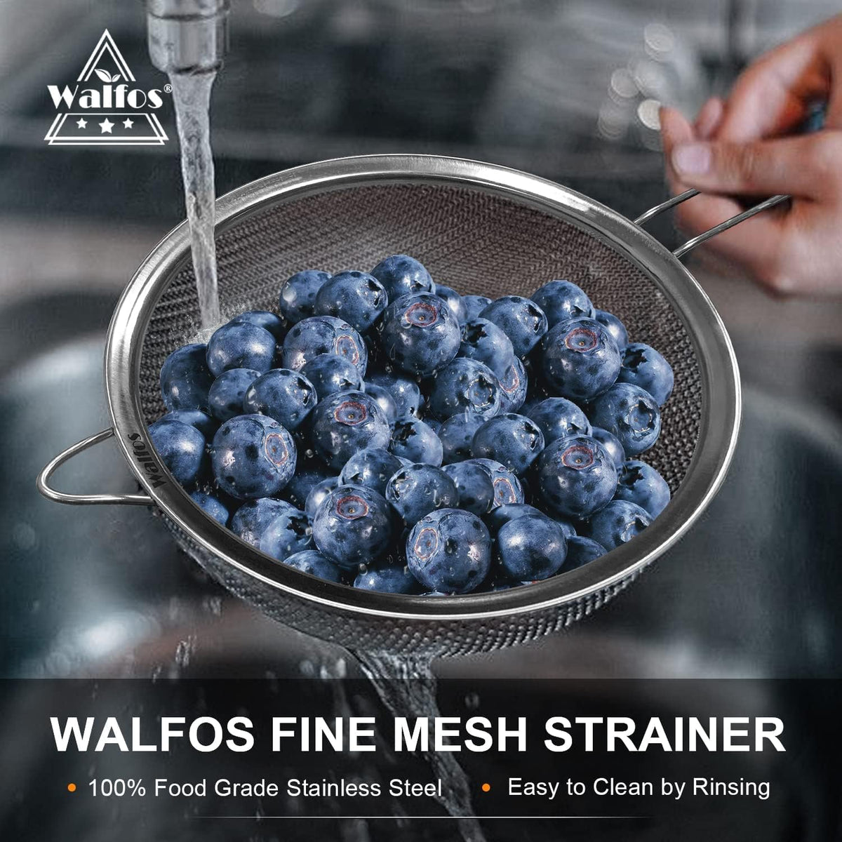 Walfos Large Fine Mesh Strainer 9.5" & 8", Stainless Steel Mesh Sieve with Sturdy Handle, Kitchen Metal Food Strainers for Quinoa, Rice, Pasta, Fruits, Vegetables, etc., Set of 2