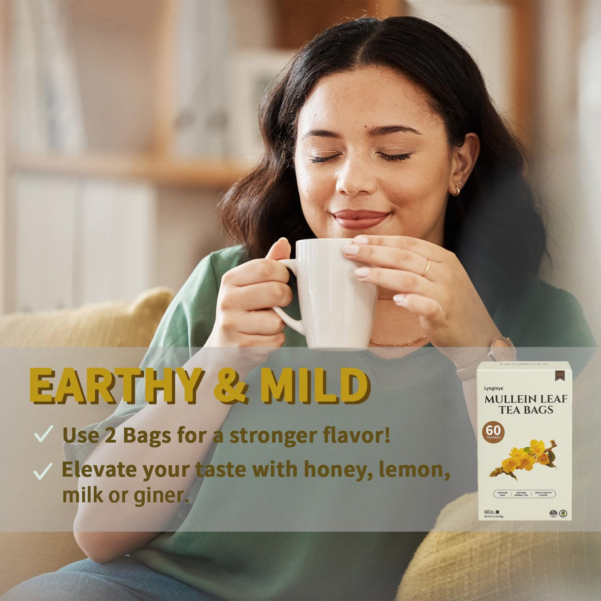 Lynginya Mullein Leaf Tea Bags, 60 Tea Bags (Pack of 2) - Premium Mullein Leaf - Natural Herbal Tea - Earthy & Mild - No Sugar & No Caffeine - Total 120 Bags
