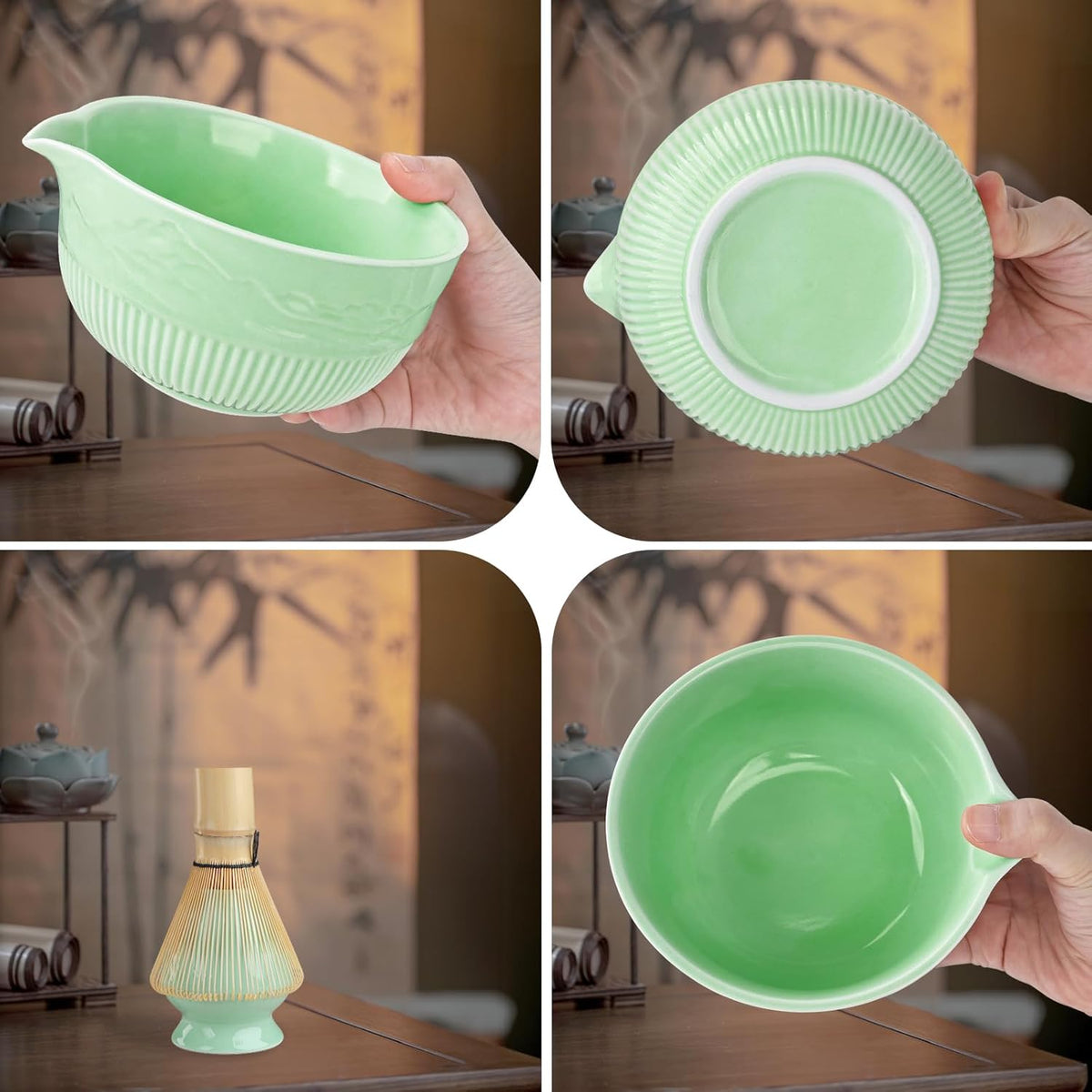 PHILORN Matcha Whisk Set 9Pcs Ceramic Matcha Kit Matcha Bowl with Spout, Whisk, Holder, Bamboo Scoop, Scoop Rest, Sifter and Tea Towe for Matcha Lover and Tea Ceremony (Cyan)