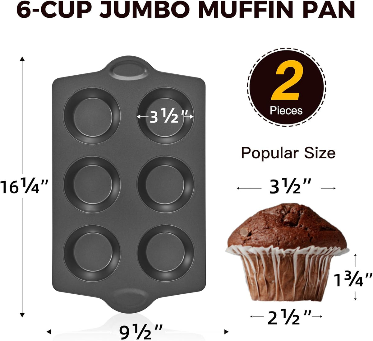 HONGBAKE Nonstick Jumbo Muffin Pan, 2 Pack Large Cupcake Tin for Baking, Cup Cake Tray, 3.5dia, 6 Cup, Premium, Extra Thick, Dishwasher Safe