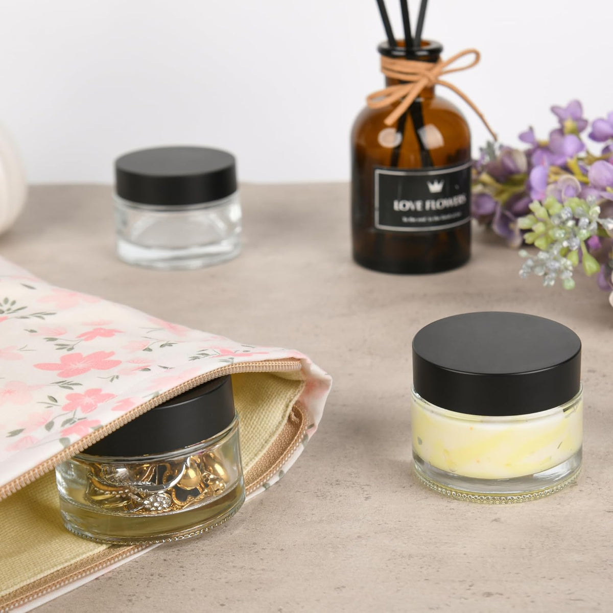 Glass Jars with Lids,Eco-Friendly Cosmetic Containers with Airtight Black Lids & Liners, Multi-Color Options for Cream, Lotion, Body Butter, DIY Skincare Travel Jars (Clear, 2oz)