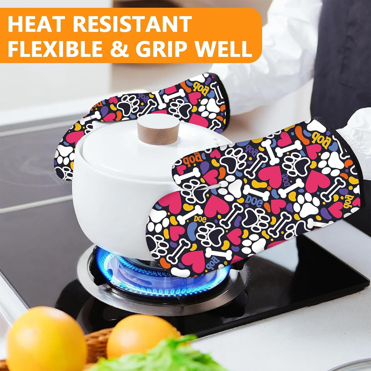 Paw Prints Oven Mitts and Pot Holders Sets 4Pcs,Extra Long Oven Gloves Potholder for Kitchen Cooking Baking BBQ 100% Cotton Heat Resistant