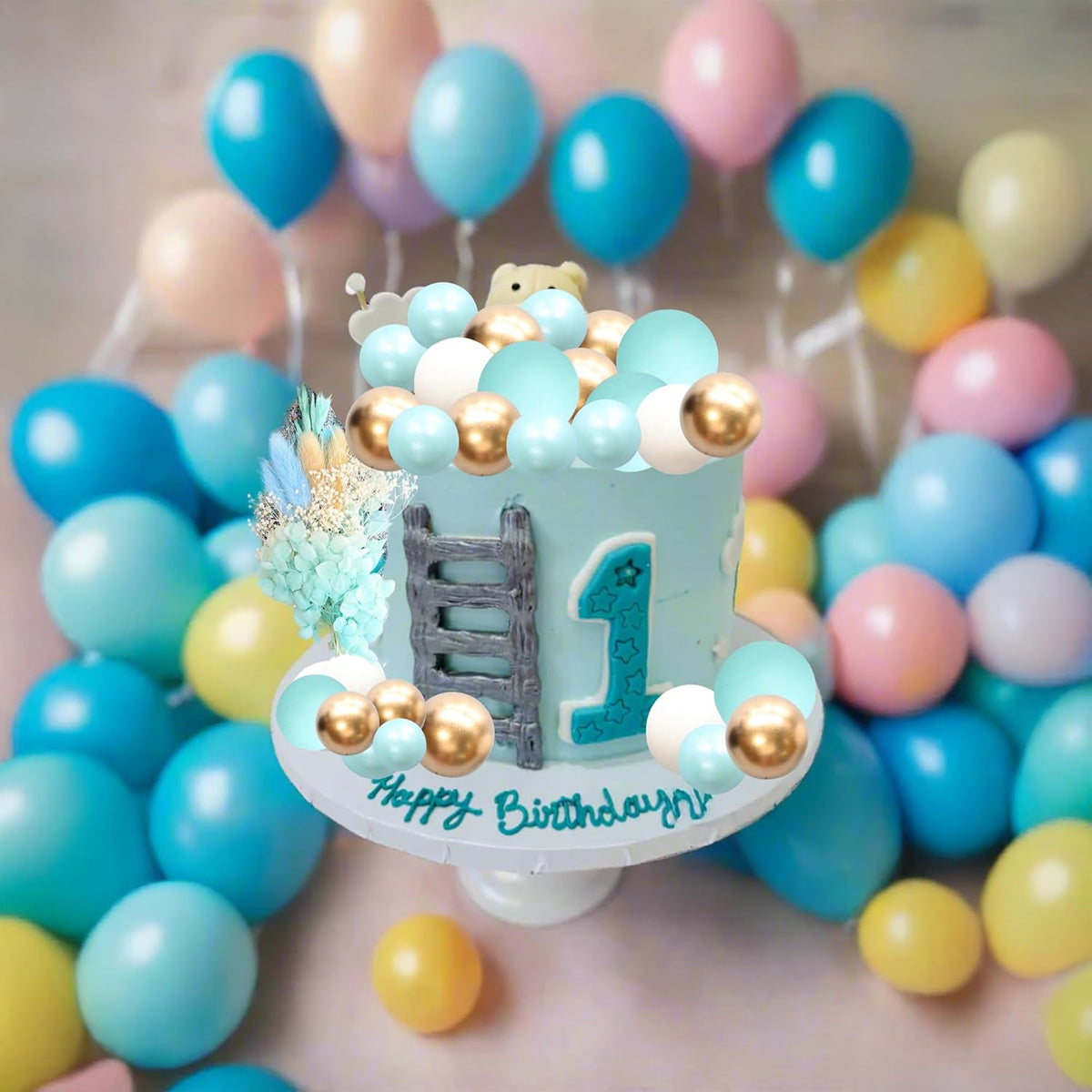 Gyufise 21 Pack Flower Boho Cake Topper Ball Cake Decorations Palm Leaves Plants Cake Decor for Girl Bohemian Princess Theme Wedding Baby Shower Birthday Party Supplies Blue