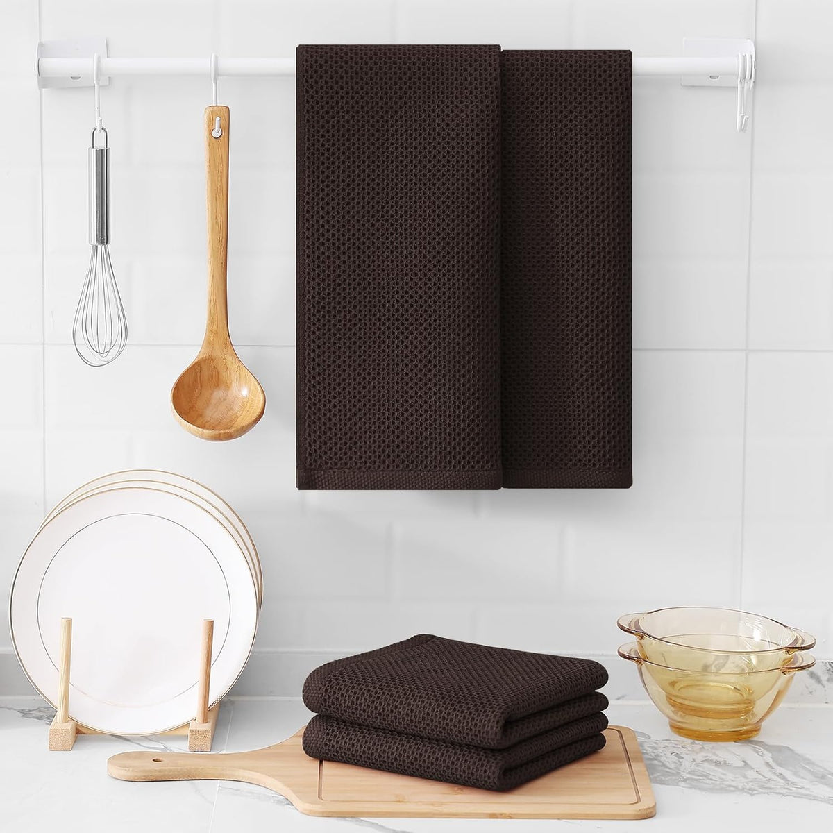 Kitinjoy 100% Cotton Waffle Weave Kitchen Towels, 12-Pack Super Soft and Absorbent Dish Towels for Drying Dishes, Kitchen Hand Towels, 13 in x 28 in, Dark Brown